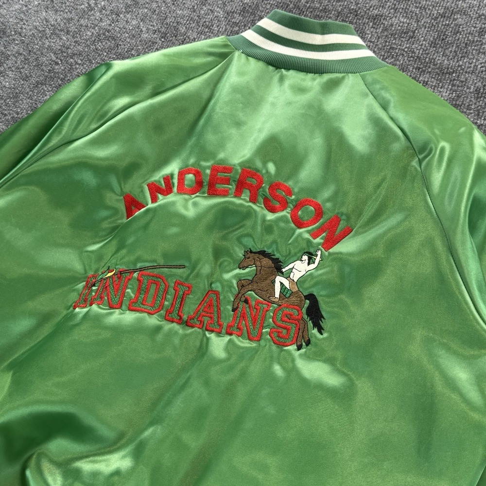 Vintage West Ark Anderson Indians Nylon Satin Bomber Jacket Mens L Green USA